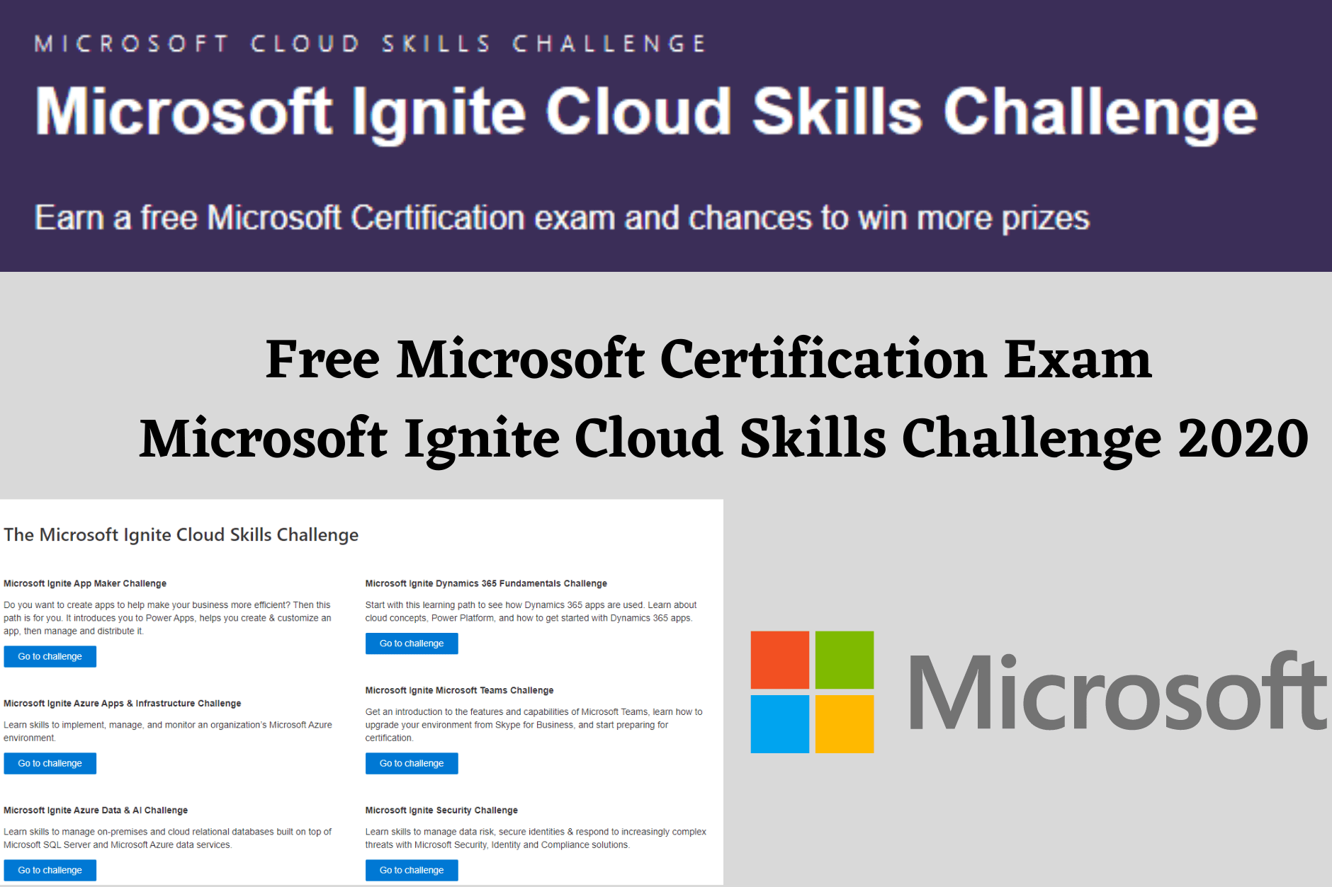 Free Microsoft Certification Exam : Microsoft Ignite Cloud Skills Challenge 2020