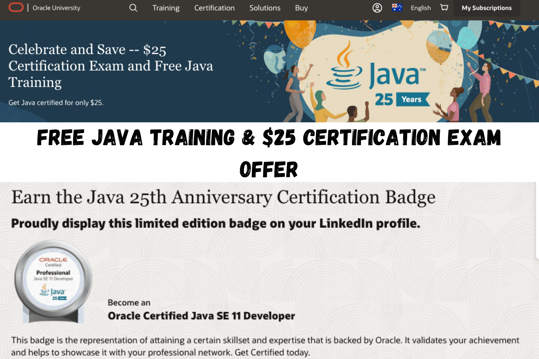 Free Java Training & $25 Certification Exam Offer